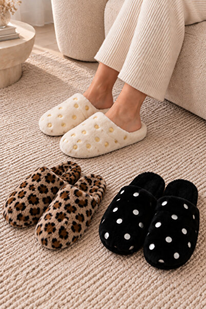 Beyond 3’lü Bej Puantiye - Siyah Puantiye - Taba Leopar Peluş Kapalı Burun 3 Cm Tabanlı Ev Terliği Seti BYNDSET01