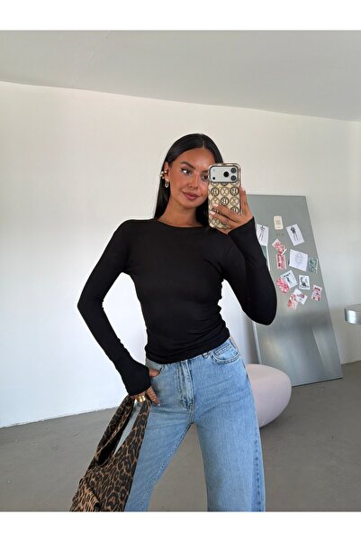 myd Crew Neck Finger-Hole Blouse - Black