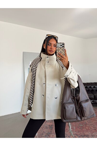 myd High Collar Belted Trench Coat - Stone