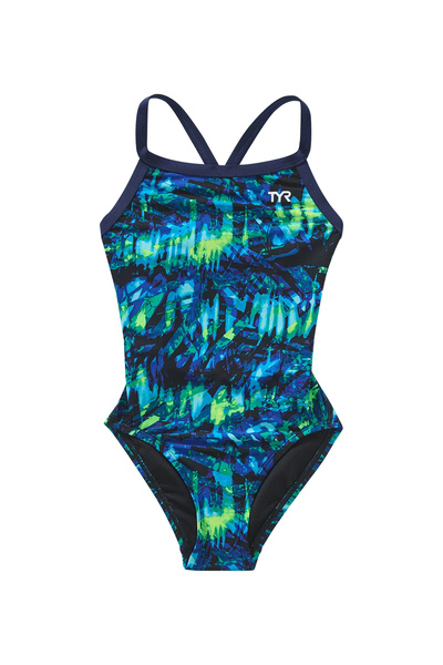 TYR Girl's Training Swimsuit Seismo Durafast Lite Diamondfit Blue Green