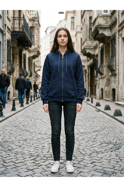 harmony factory Kadın Fermuarlı Kapüşonlu Sweatshirt 3 İplik Şardonlu Kalın Lacivert Zip Hoodie