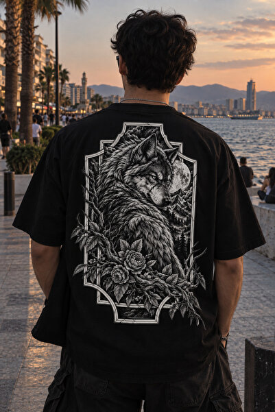 VAEL Noctau Moon Wolf Siyah Oversize Sırt Baskılı Erkek Tişört