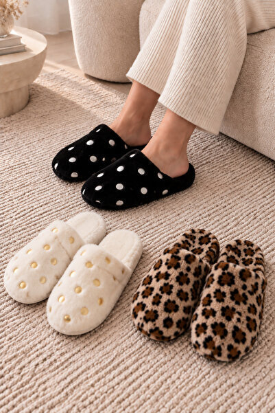 Beyond 3’lü Bej Puantiye - Siyah Puantiye - Taba Leopar Peluş Kapalı Burun 3 Cm Tabanlı Ev Terliği Seti BYNDSET01