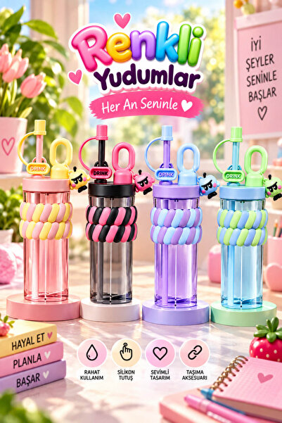 House Bird Children's Water Bottle with Straw, Colorful Silicone Handle, Hanging Strap, School Sports Water Bottle