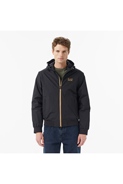 EA7 Logo Print Padded Erkek Siyah Ceket