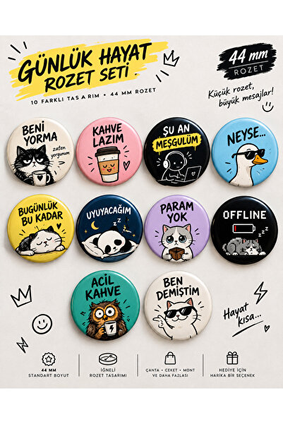 44 mm Komik Rozet Seti 10'lu | Çanta Ceket Süsleme Rozeti | Eğlenceli İğneli Rozet