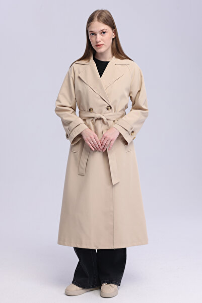 Bolivente Women's Beige Oversize Trench Coat Lined Seasonal Trench Coat