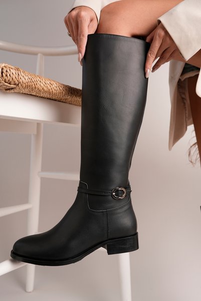 NOSEY SHOES Alba Model Genuine Leather Black Leather Side Zipper Thick Heel Buckle Daily Women's Boots
