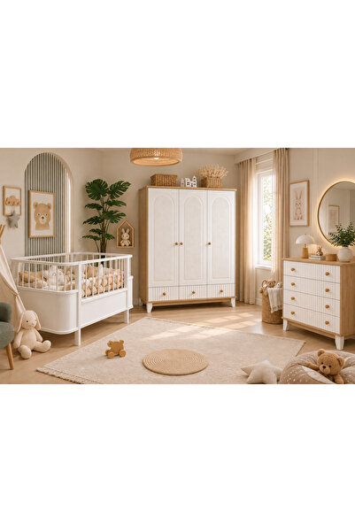 Koza Bohem Ahşap Beyaz %100 MDF Büyüyen Maxi Bebek Odası Takımı ( 3 Kapılı Do...