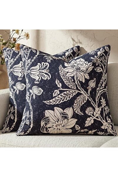 SYOSI 2 Pack Sofa Couch Throw Pillow Covers, Cotton Navy Blue Floral Floral D...