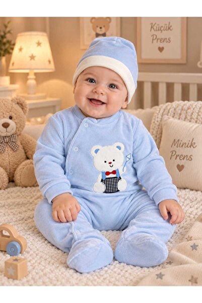 Sönmez Baby UÇURTMALI AYI KIŞLIK KADİFE TULUM VE ŞAPKASI İKİLİ ERKEK BEBE TAKIMI