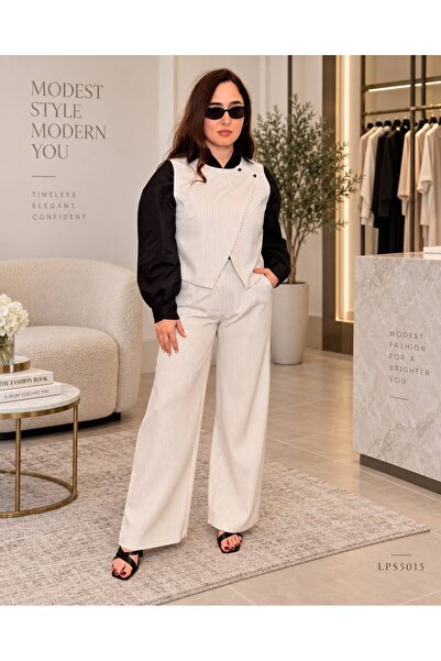 LINELLE White Striped Vest, Black Shirt & Wide-Leg Pants Blazer Co-Ord Set