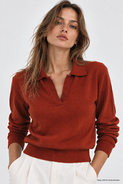 WILD BEE Women's Tile Polo Collar Long Sleeve Knitwear Blouse
