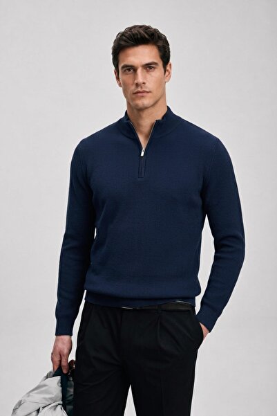 Maccali Men's Stand Collar Zippered Indigo Knitwear Winter Sweatshirt