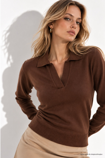 WILD BEE Women's Brown Polo Collar Long Sleeve Knitwear Blouse