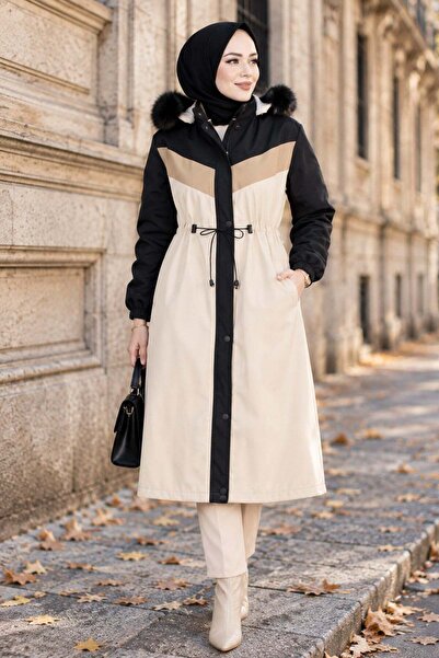 hafsamina Peluş Astarlı Renk Garnili Mont Siyah HM2963