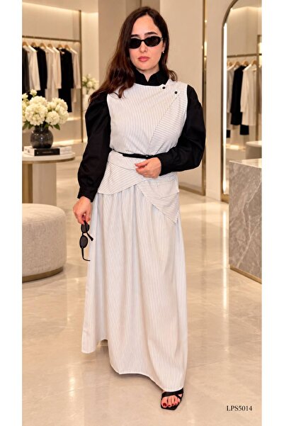 LINELLE White Striped Vest, Black Shirt & Maxi Skirt Blazer Co-Ord Set
