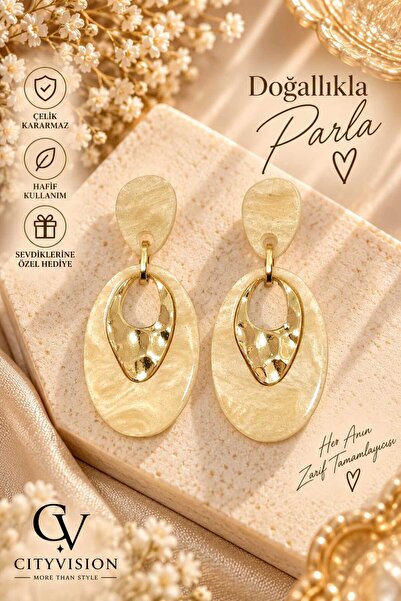cityvision Oval Model Stainless Steel Cream Color Earring Set