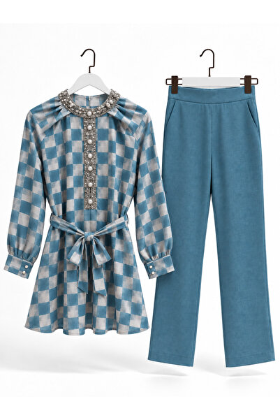feiruz Stone Embroidered Plaid Double Suit