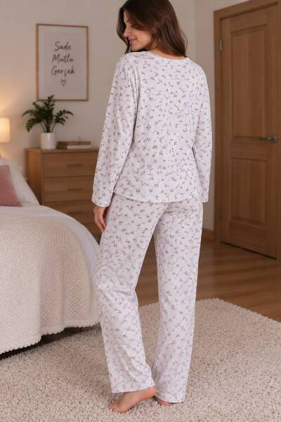 PİJART Gray Crispy Floral Patterned Ribbed Knitted Pajama Set