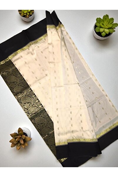 Generic Traditional kanjeevram Saree with Zari Border, beige and Black with Gold Accents
