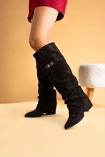 ShoeTek Launya Women's Boots with Bellows, Silver Belt Buckle, Black Suede
