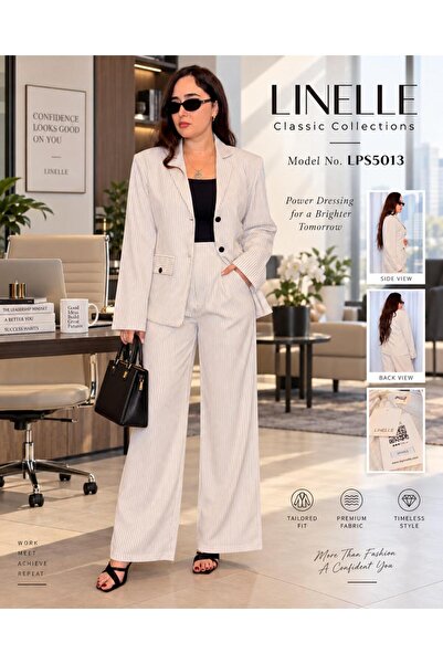 LINELLE White Striped Woven Blazer & Wide-Leg Pants Co-Ord Set