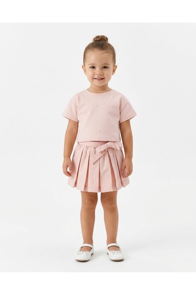 Moonstar Girls' Set Pink Short Top Pleated Skirt Set with Bow