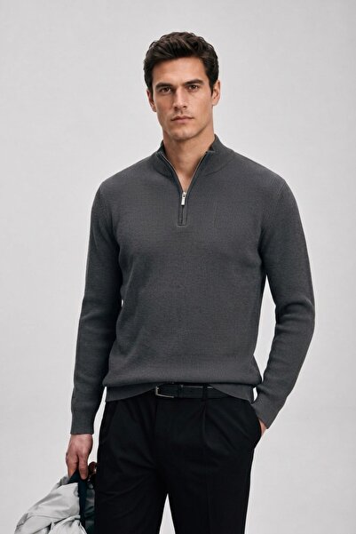 Maccali Men's Stand Collar Zippered Smoked Knitwear Winter Sweatshirt