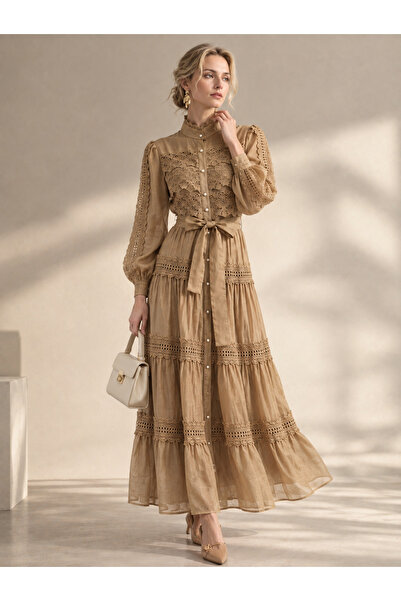 Greneric Women's Sophisticated High Neck Midi Dress – Lace Details, Layered D...