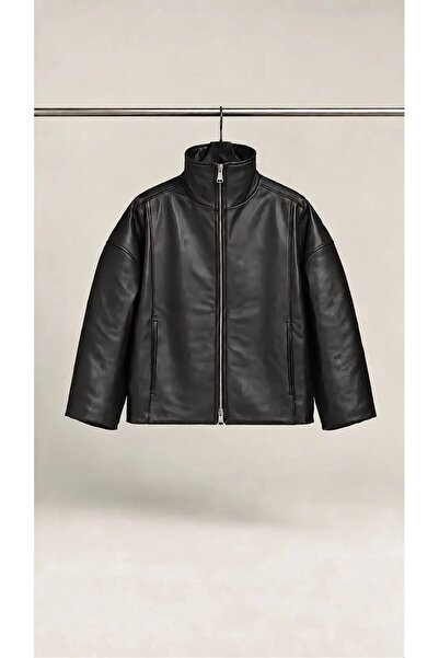 CRINKLE OVERSIZE ÇİFT FERMUAR SUNİ DERİ CEKET