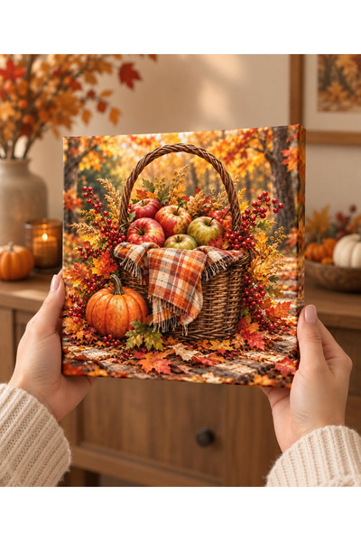 AlohamoraShop Elma Sepeti ve Balkabağı Sonbahar Temalı Dekoratif Canvas Tablo...