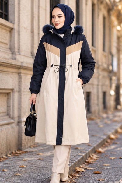 hafsamina Peluş Astarlı Renk Garnili Mont Lacviert HM2963