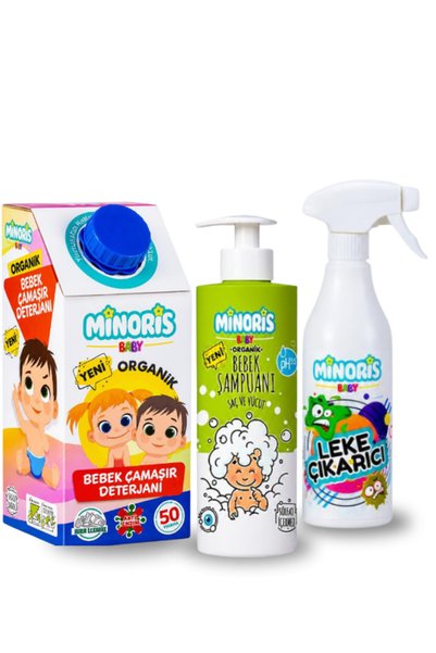 Minoris Baby Organik Antialerjik Bebek Çamaşır Deterjanı 50 Yıkama & VE Baby Organik Leke Çıkarıcı 500ml & VE Baby Organik Saç Ve Vücut Şampuanı 400 ml