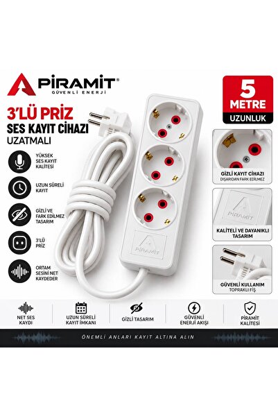GLOBAL TEKNİK 3'lü Priz Ses Kayıt Cihazı 5 Metre Uzatma Kesintisiz Güç Şarj S...