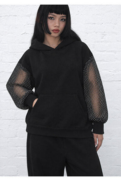 DEEFWEAR Hanorac negru oversize cu glugă pentru femei, cu mâneci din plasă cu...
