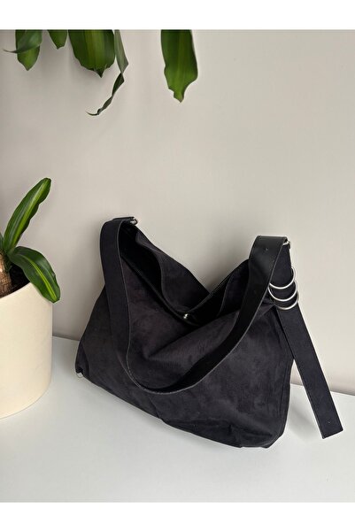 Nura Collection Black Suede Women's Shoulder Bag with Silver Ring Detail
