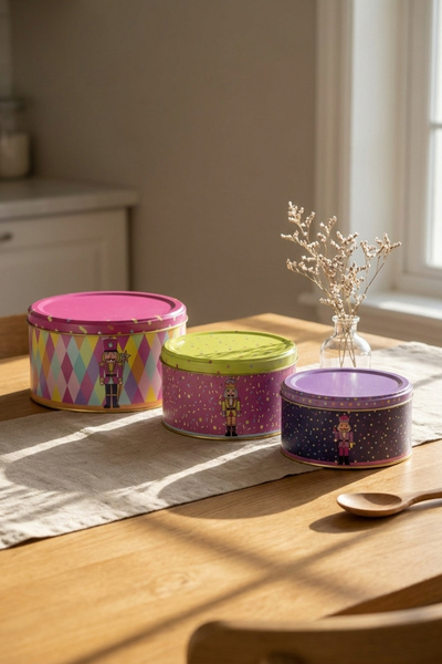 EVLE Metal Round Storage Box with Lid Set of 3 Organizer 21.5 17.5 14 cm / Ne...