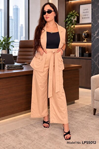 LINELLE Beige Woven Blazer & Wide-Leg Co-Ord Set