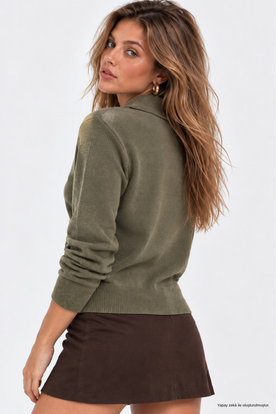 WILD BEE Women's Khaki Polo Collar Long Sleeve Knitwear Blouse