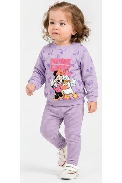 İrem Çocuk Giyim Baby Girl Mickey Patterned Letter Embroidered Lilac Color Sweatshirt Leggings Set