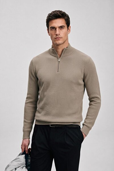 Maccali Men's Stand Collar Zippered Beige Knitwear Winter Sweatshirt