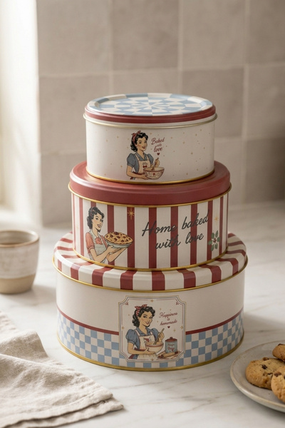EVLE Metal Round Storage Box with Lid Set of 3 Organizer 21.5 17.5 14 cm / Re...