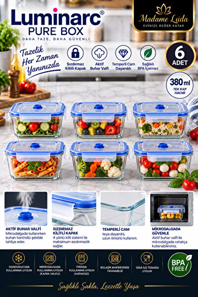 Luminarc Pure Box 380 ML 6'lı Saklama Kabı Seti | Sızdırmaz Kilitli Kapaklı /...
