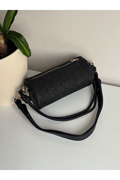 Nura Collection Black Straw Cylinder Model Women's Handbag with Leather Strap...