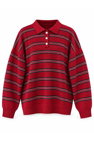 Retrobird Sadie Striped Oversize Polo Collar Knit Sweater Women's Red