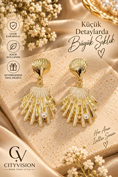 cityvision Sea Shell Steel Tarnish-Resistant Pearl Cream Color Earring Set