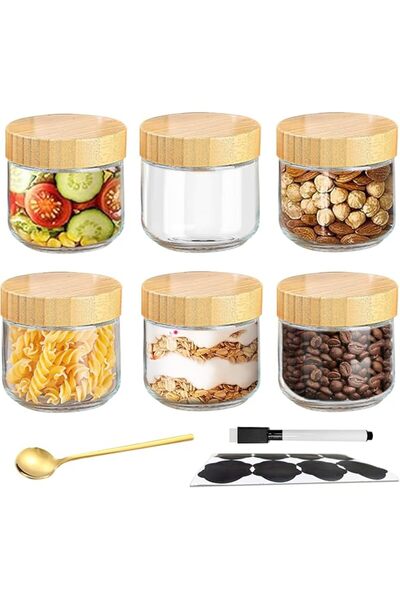 URbazaar 10oz Glass Overnight Oats Containers with Bamboo Lids, 6 Pack – Wide...