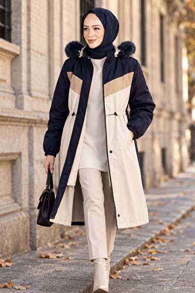 hafsamina Peluş Astarlı Renk Garnili Mont Lacviert HM2963