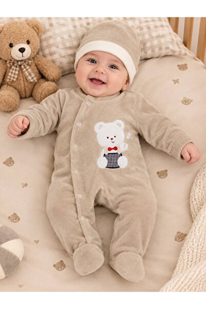 Sönmez Baby UÇURTMALI AYI KIŞLIK KADİFE TULUM VE ŞAPKASI İKİLİ ERKEK BEBE TAKIMI